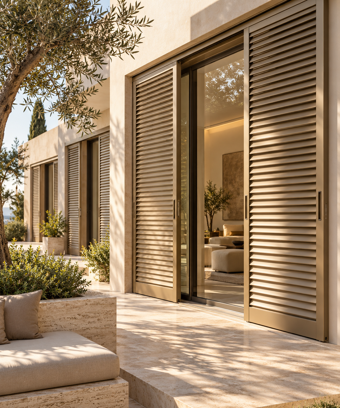 Panneaux de persiennes aluminium sur mesure devant des fenêtres