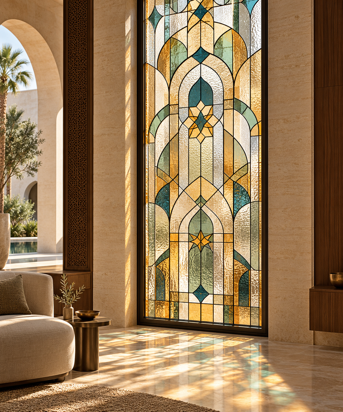 Vitrail décoratif aux motifs géométriques dans un intérieur élégant